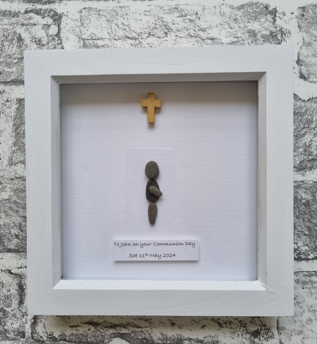 Irish, Hand Crafted, First Communion Personalized Pebble Art Picture 
