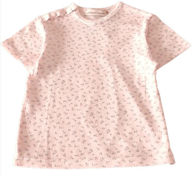 T-Shirt rose pâle, motifs fins bleu et rose