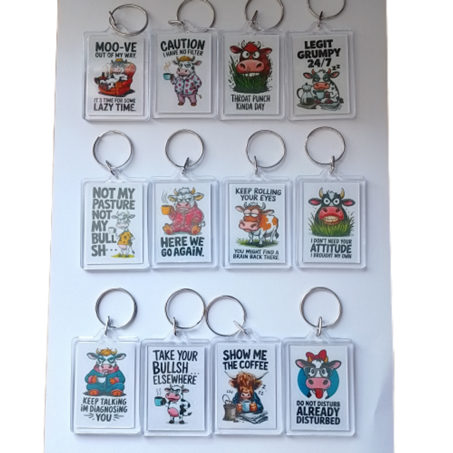 Sarcastic Cow Keyring - 12 Funny Cow Designs 