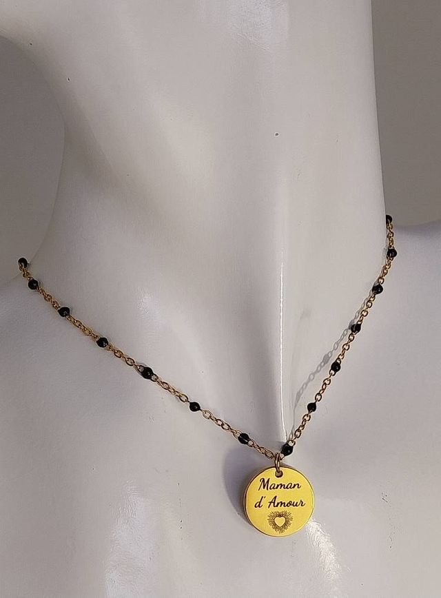 ✨Collier &quot;Maman d&#039;Amour&quot; chaîne perles émaillées noires✨(25CO)