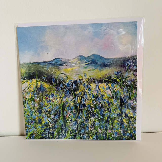 Greetings card- Eildons with Bluebells