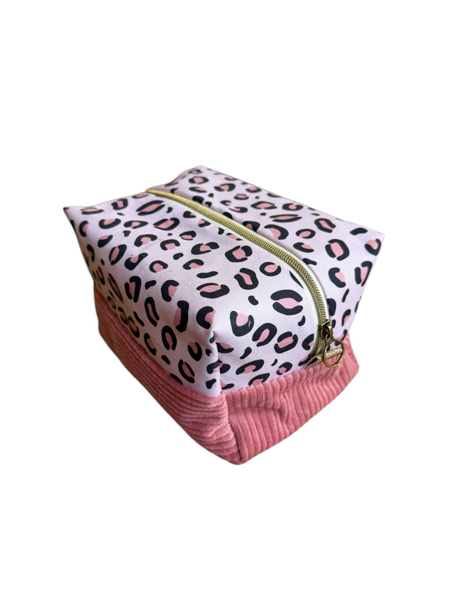 Trousse de toilette carré - tissu intérieur imperméable - LEOPARD velours rose + rose