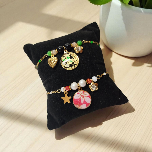 bracelet acier inoxydable motifs japonais rose fuchsia