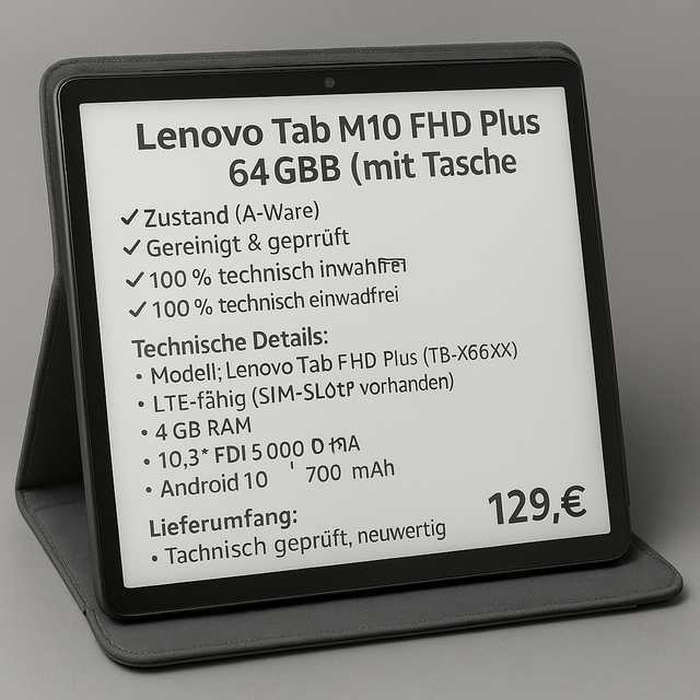 📱 Lenovo Tab M10 FHD Plus TB-X606X – 64 GB LTE (mit Tasche)