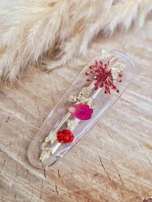 Barrette "Fleurs séchées" - Modèle rouge et doré