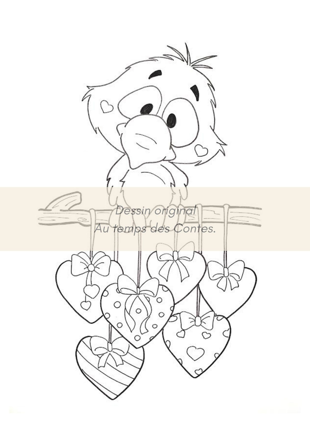 Oiseau et coeurs suspendus