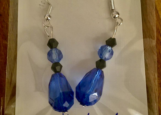 Blue &amp; Black bead earrings on Silver plated ear hooks