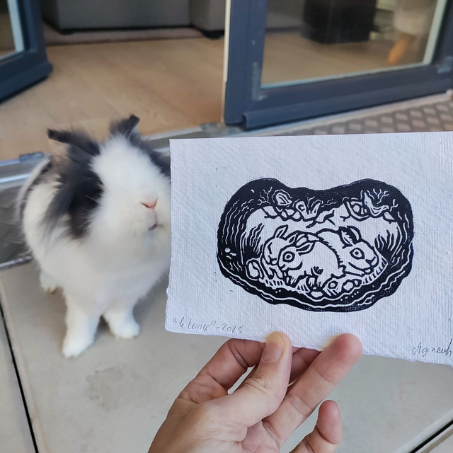 linogravure " le terrier des lapins " 10X15 cm blanc