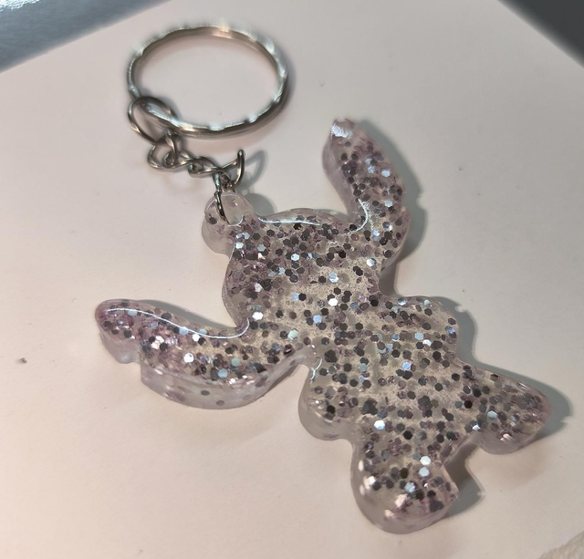 Porte clés Stitch paillettes rondes argentées 