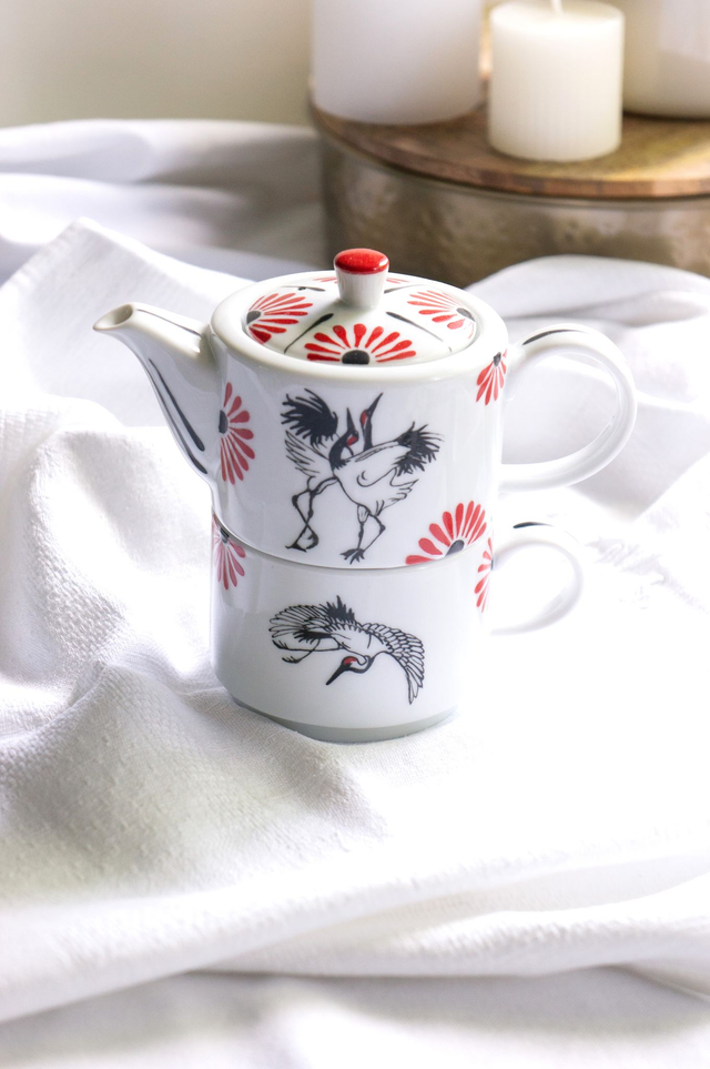 Théière Égoïste motif Japonisant rouge et noir avec grues et fleurs abstraites, décorée à la main , cadeau pour les amateurs de thé