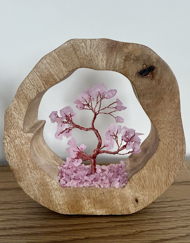 Rose Quartz Crystal Gemstone Tree Garden in Mango Wood