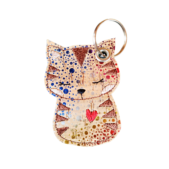 Grand Porte clés chat en liège brodé