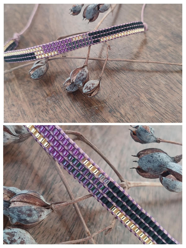 Bracelet tissé main en perles de verre miyuki : prune, noir,doré, crème réglable et résistant, pièce unique 