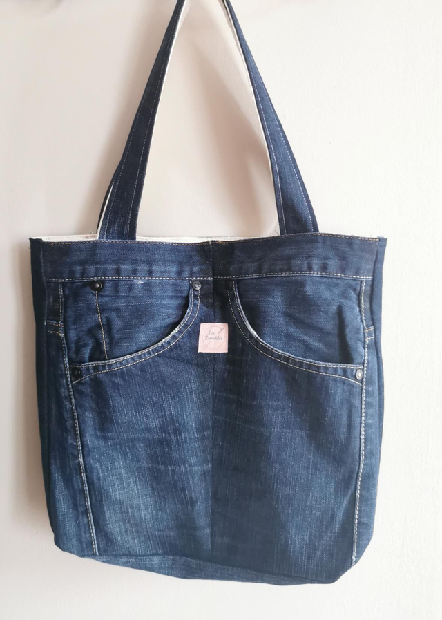 Sac cabas réversible en jean et tissu écru - Poches en quinconce