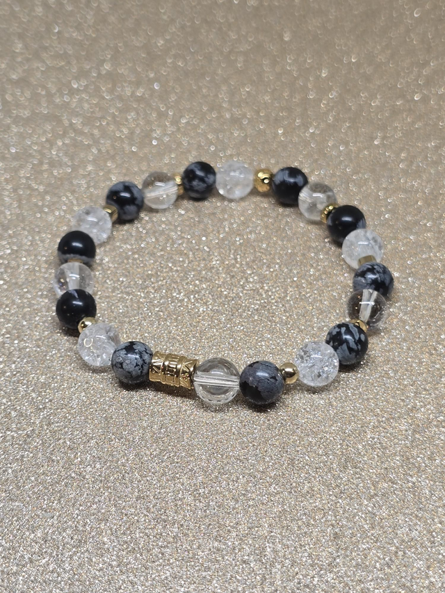 Bracelet Obsidienne flocon et Cristal de roche en 0,8 cm 
