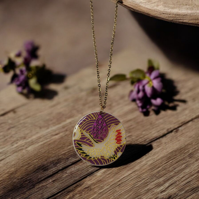 Collier acier inoxydable motifs japonais prune