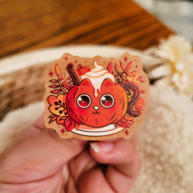 Pin's en bois Pumpkin cat latte