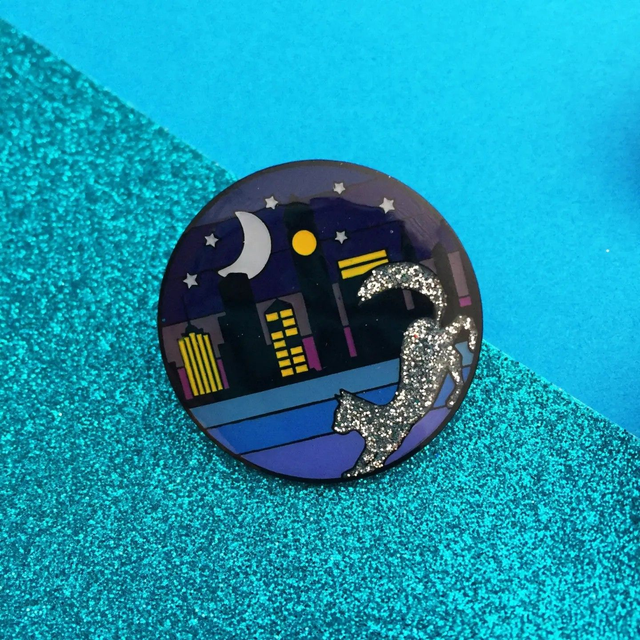 Enamel Pin, Cat Ombre Cityscape Glitter