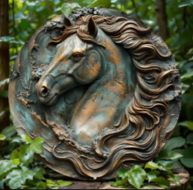 Vintage rond metalen bord Paard blauw groen (20cm)