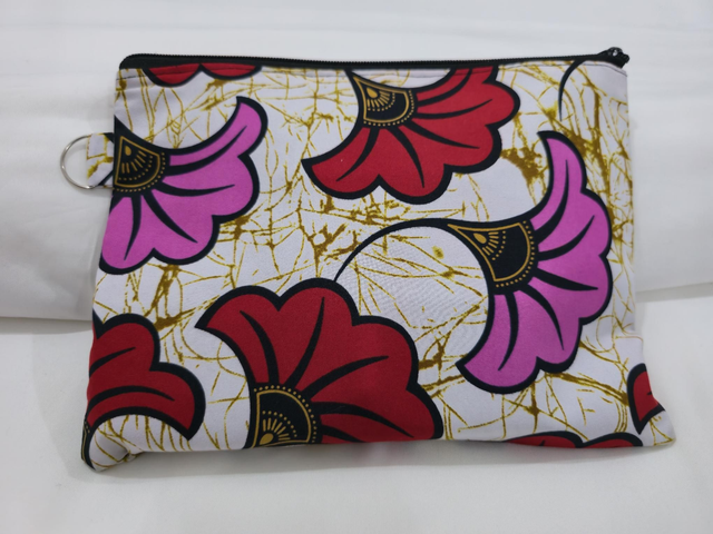 Pochette en wax fleur de mariage rose et rouge