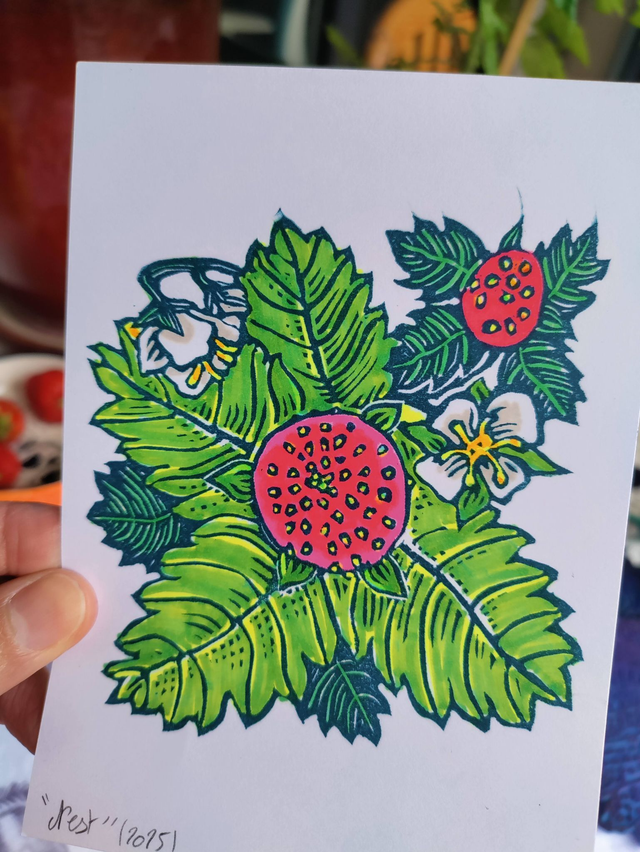 fraise feuille, impression et feutre 10X14.5 cm