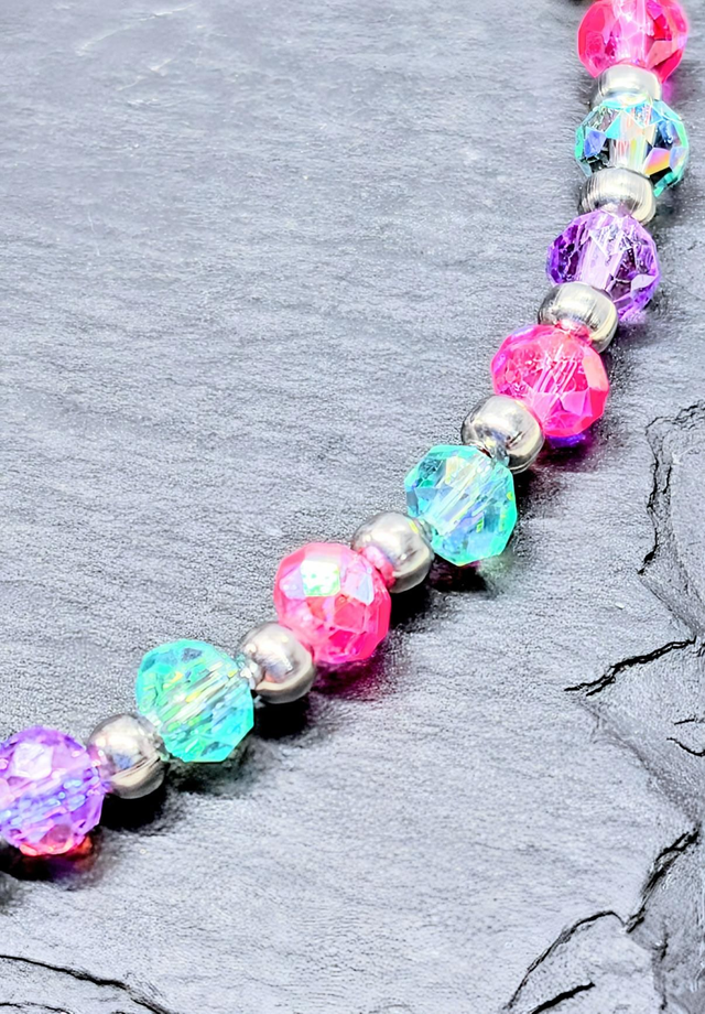 Neon Style Glass Pink, Turquoise & Purple Stainless Steel Beaded Anklet