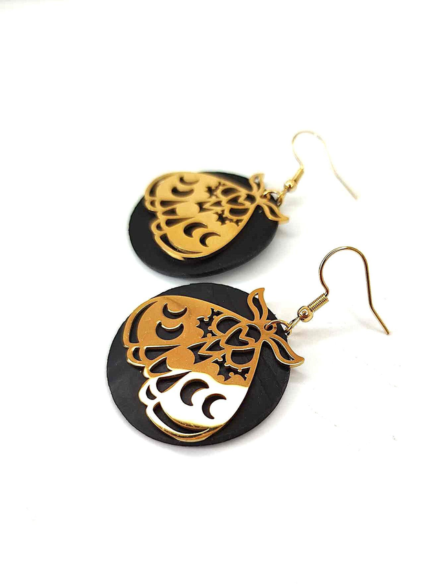 Boucles d'Oreilles Upcyclées en Chambre à Air et Acier Inoxydable Doré - Papillon Lunaire