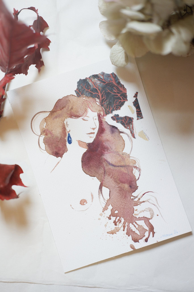 Illustration originale aquarelle et papier découpé "Ambre"