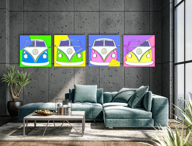 Classic VW Camper Pop Art Canvas Pictures, Warhol Style, Wall Art, Four Designs in Six Sizes