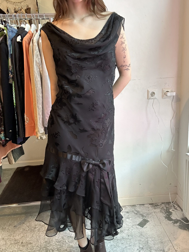 black flowy off the shoulder dress with amazing details