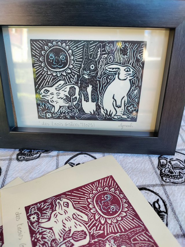 Linogravure/tampon "Les trois grâces" lapins sauvage format 10X14.5 cm Noir