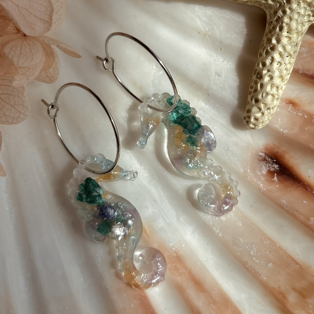 Seahorse Hoop Earrings Stainless Steel Teal