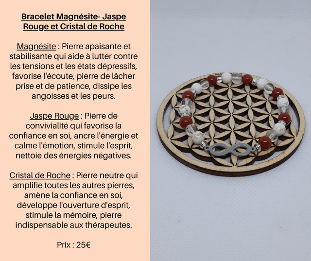 28- Bracelet Magnésite, Jaspe Rouge et Cristal de Roche