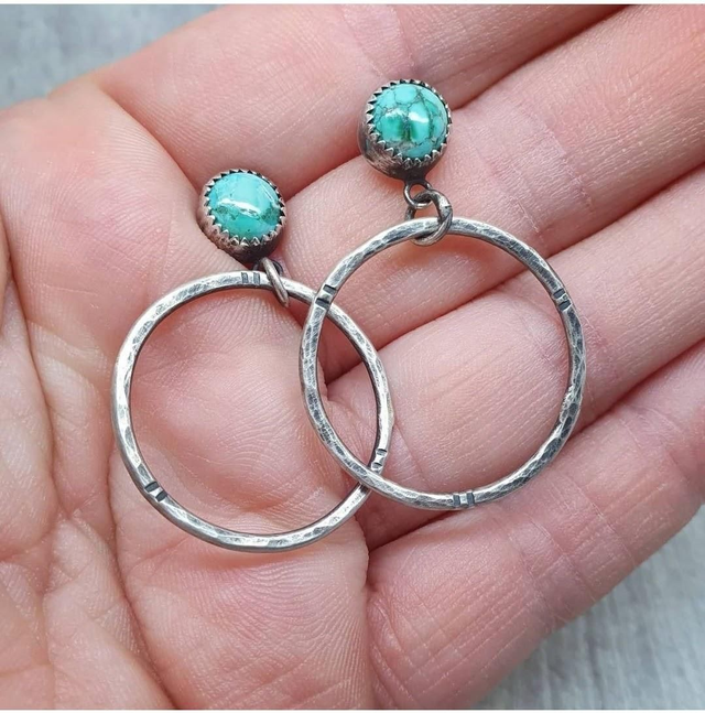 Sterling Silver &amp; Natural Turquoise Stud Hoop Earrings