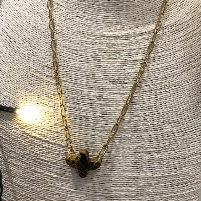 Pendentif aigle en œil de tigre chaîne inox doré 