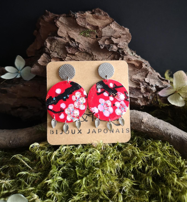Boucles d'oreilles - puces - papier washi - fleurs - feuilles - La&amp;Titia 
