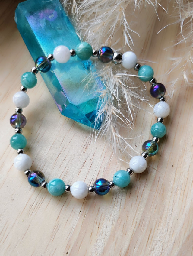 Bracelet "Bonheur" Pierre de Lune, Amazonite et Quartz Aura