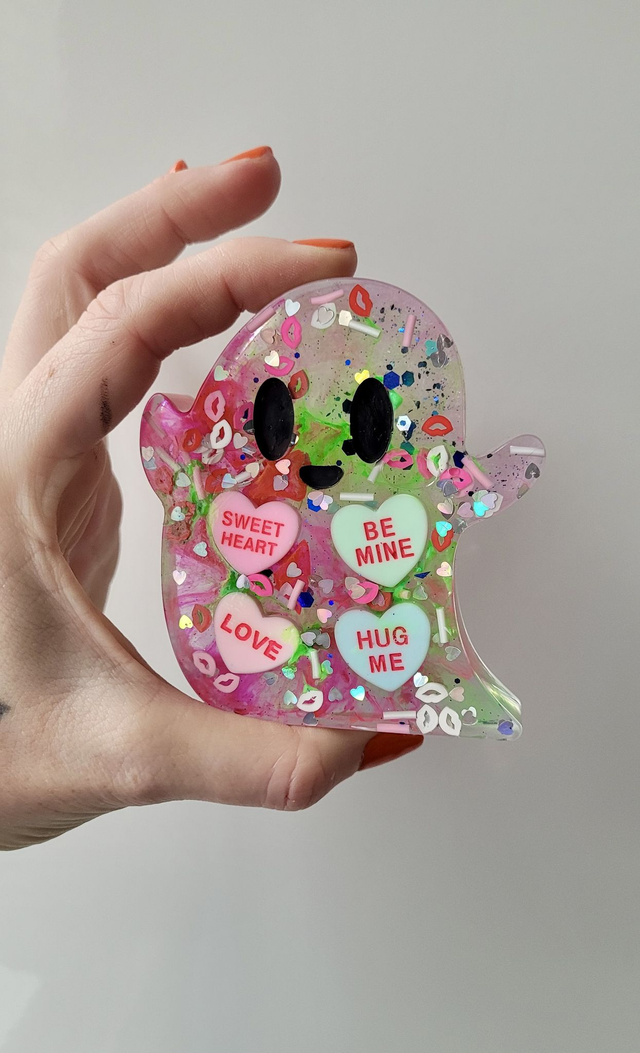 Ghost Ornament - Lovehearts Pink and Green Glitter Ghost