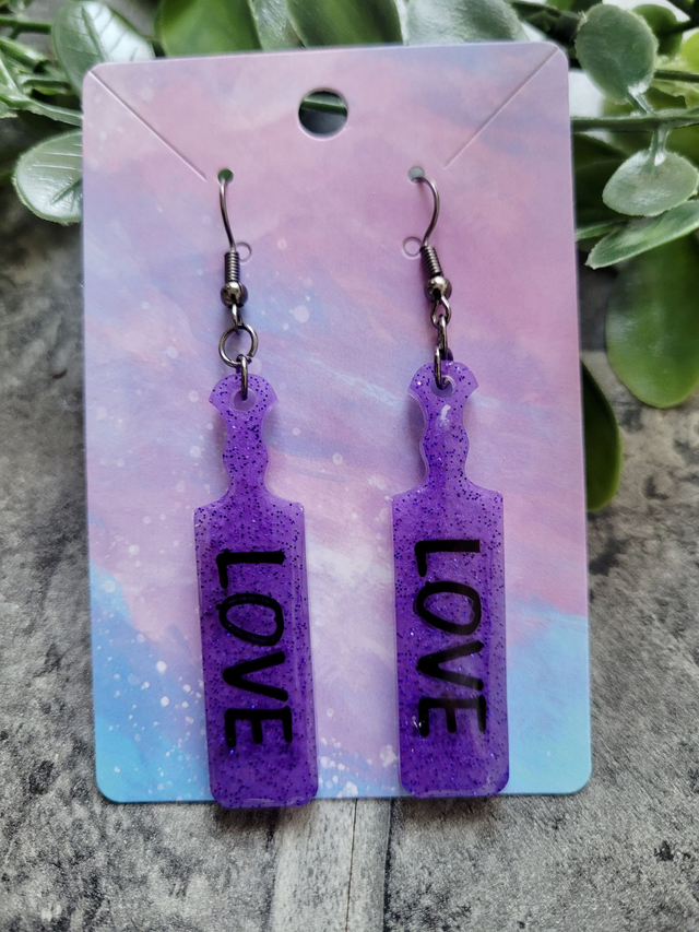 Earrings | Purple Glitter LOVE Paddle Earrings | Stainless Steel Leverback Hooks