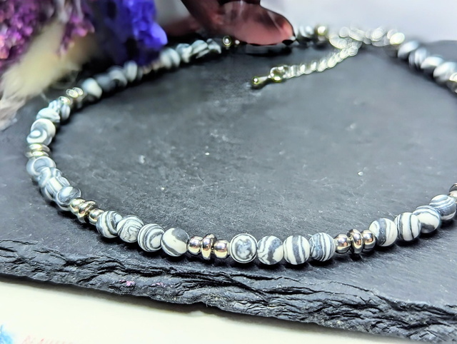Striped Agate &amp; Stainless Steel Beaded Anklet 