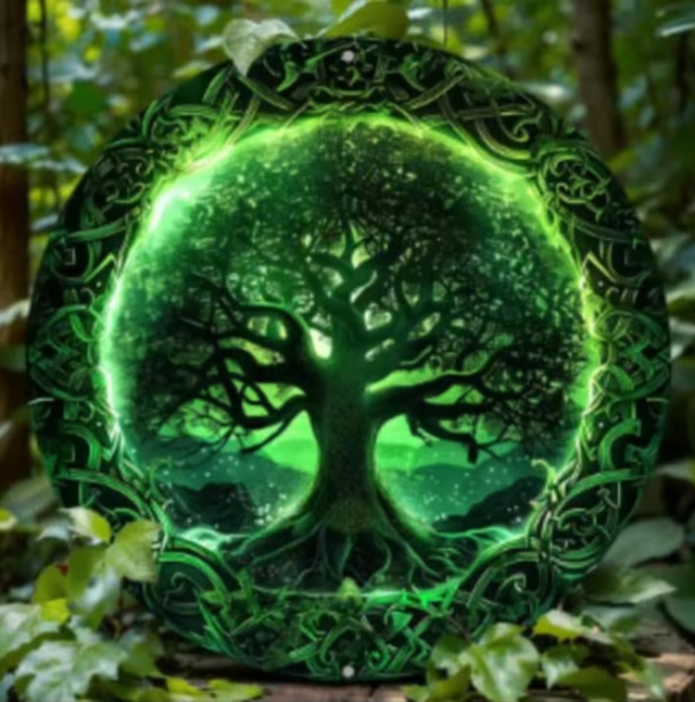 Vintage rond metalen bord Levensboom lichtgroen (20cm)