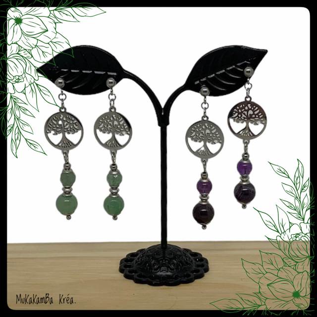Boucles d’oreilles en acier inoxydable et perles en pierres naturelles. Arbre de vie