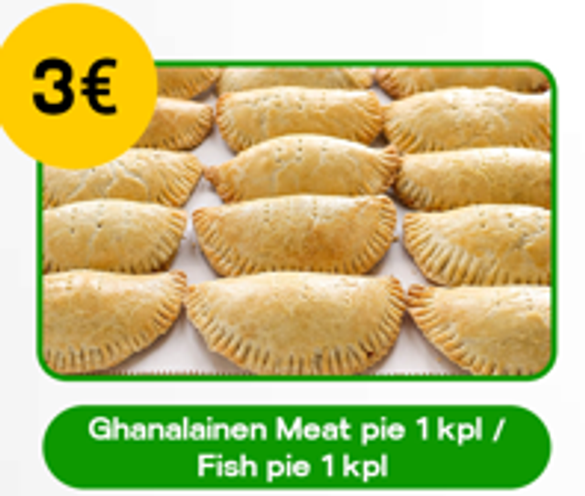 Ghanalainen meat pie 1kpl / Fish pie 1kpl / Kasvis pie 1kpl
