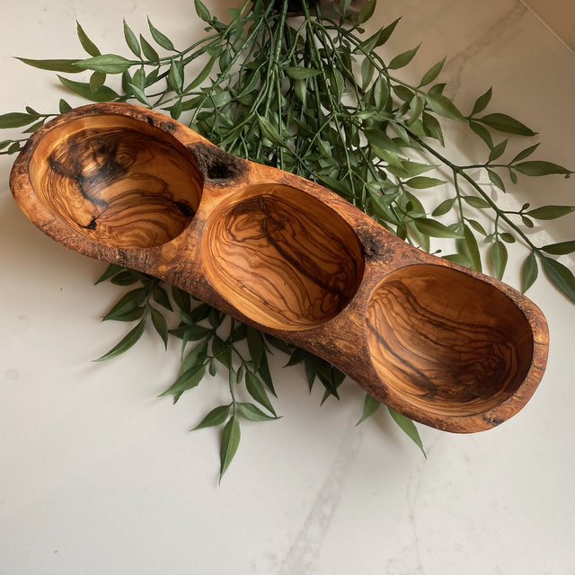 Rustic Olive Wood Long serving snack bowl 