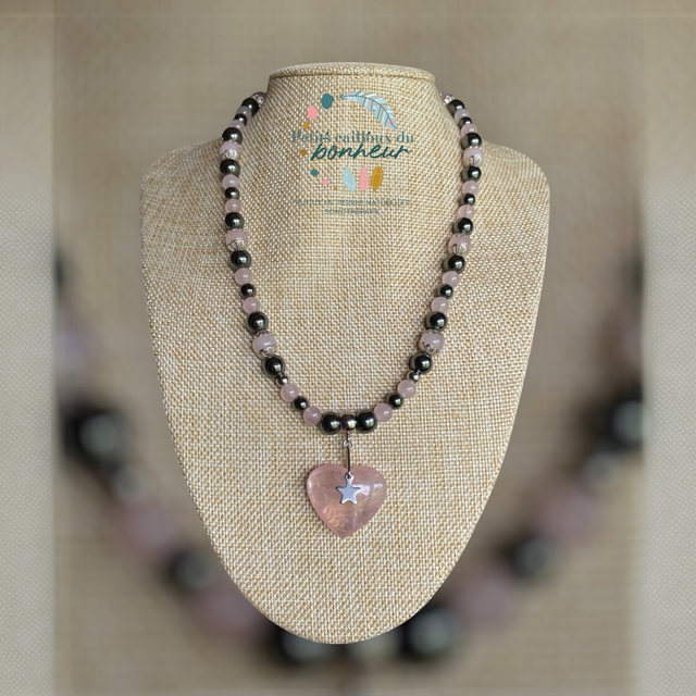 Collier quartz rose et hématite – Amour &amp; protection