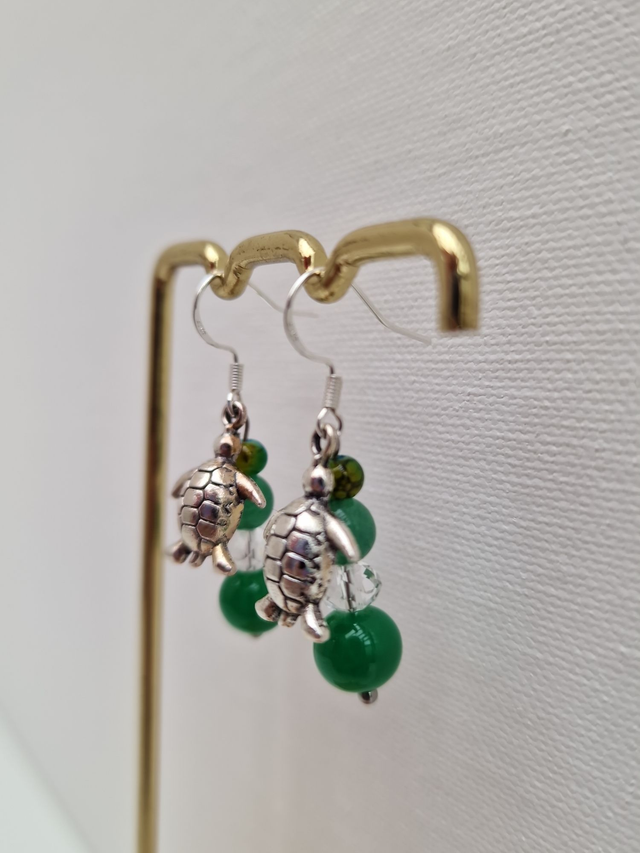 Parure Bijoux Acier Argenté Tortues Perles Jade Cristal