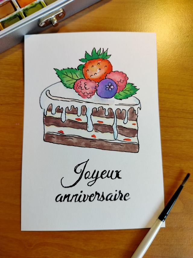 Carte d'anniversaire illustration tranche de gâteau à l'aquarelle 