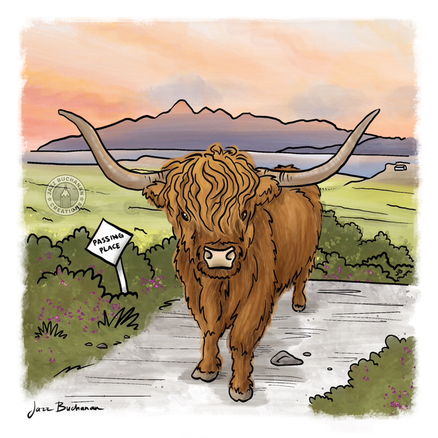 Highland cow sunset greeting card