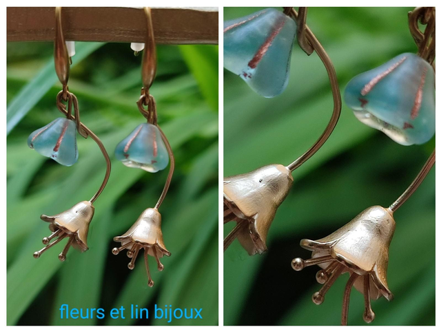 Boucles d'oreilles fleurs en verre bleu et or et laiton- sans nickel -pièce unique 