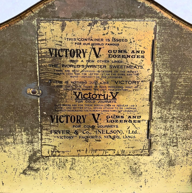 Early 20th Century “Victory V Gums & Lozenges” Chinoiserie Clock Tin by Fryer & Co., England